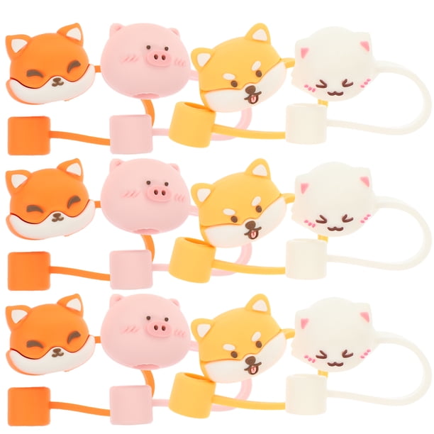 12 tapas reutilizables para pajitas de dibujos animados, a prueba de polvo