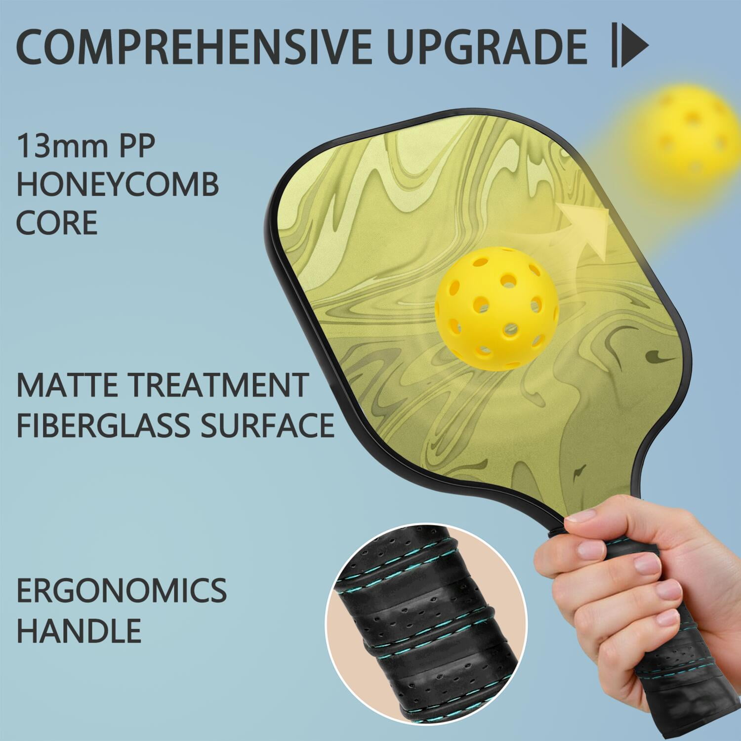 Pickleball Paddles Set Of 1, Fiberglass Surface, Liquid & Marble Print, 1 Paddles, 2 Balls & Bag