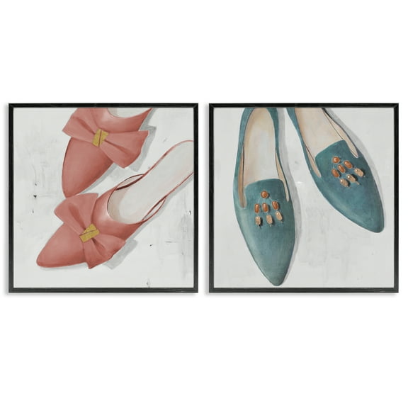 Stupell Industries Pink & Blue Fashion Flats Fashion Painting Black Framed Art Print Wall Art, 12 x 12, Set of 2
