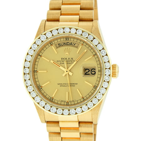 Pre-Owned Rolex Men's Day-Date 18K Yellow Gold Champagne Index Dial Diamond Bezel President (Best Pre Owned Watches)