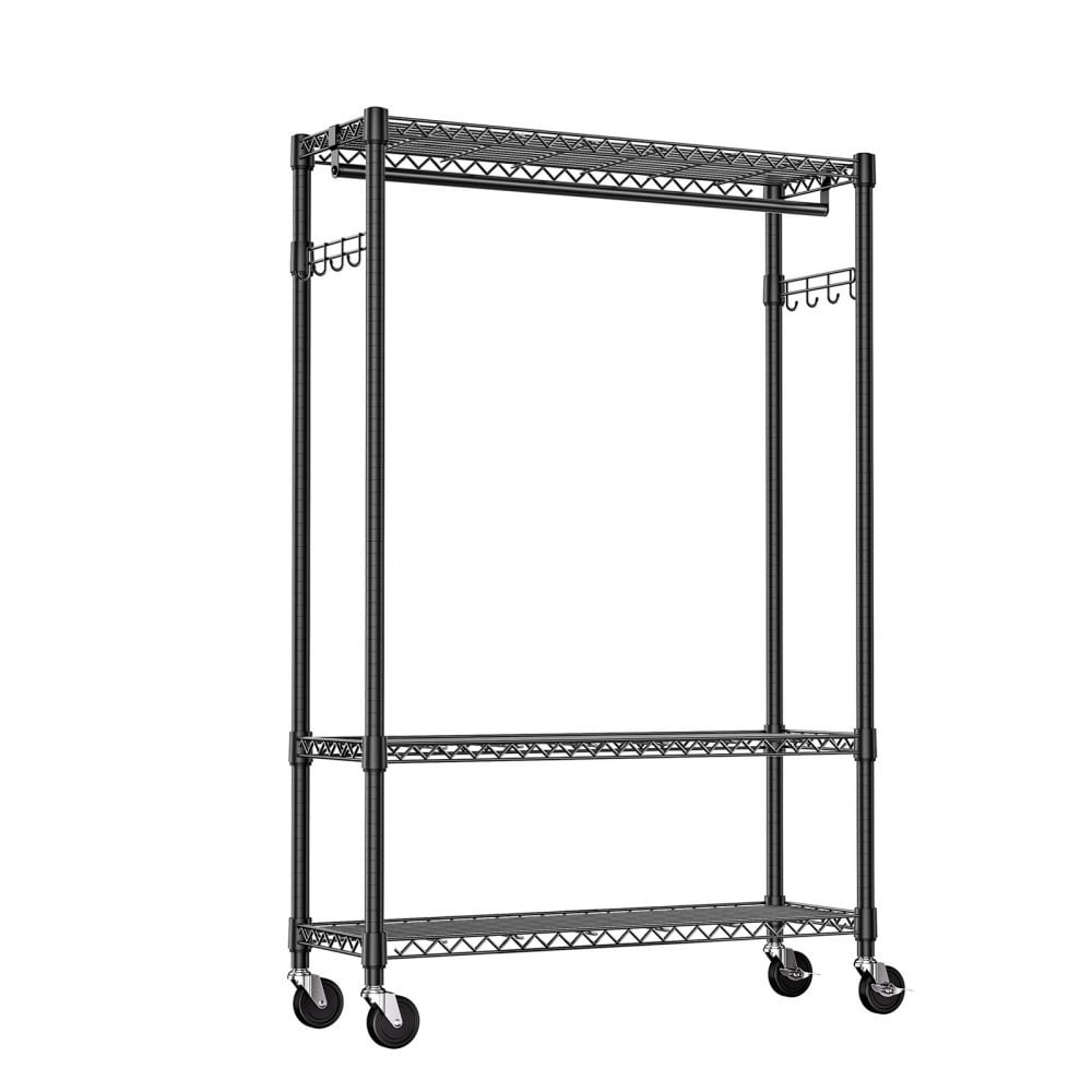 Heavy Duty Garment Rack on Wheels, Rolling Clothes Rack with Adjustable Shelves, 2 Hanging Rods, Side Hooks, Freestanding Closet Organizer, Black