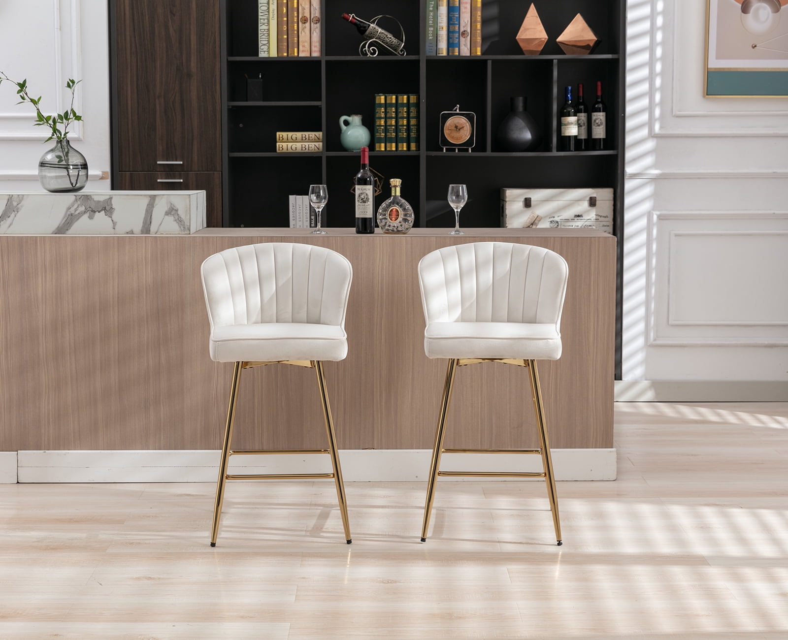 Guyou 26” Counter Height Bar Stools Set of 2, Modern Velvet Upholstered Kitchen Island Chairs, Barstools with Back and Footrest for Kitchen Island Pub Restaurant, Beige