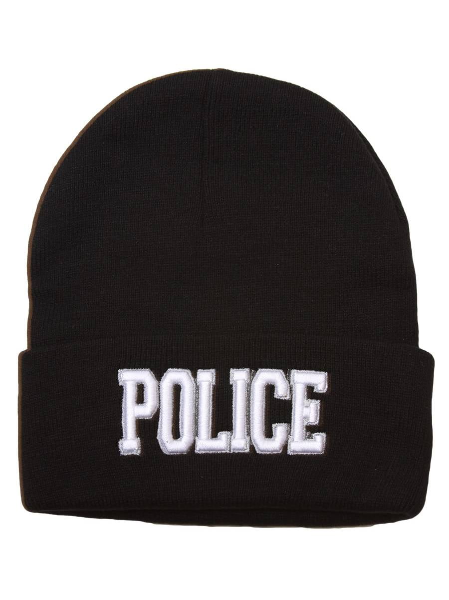 Cuffed Embroidered Police Text Style Beanie Black