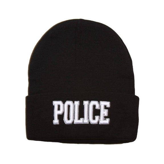 Cuffed Embroidered Police Text Style Beanie - Black