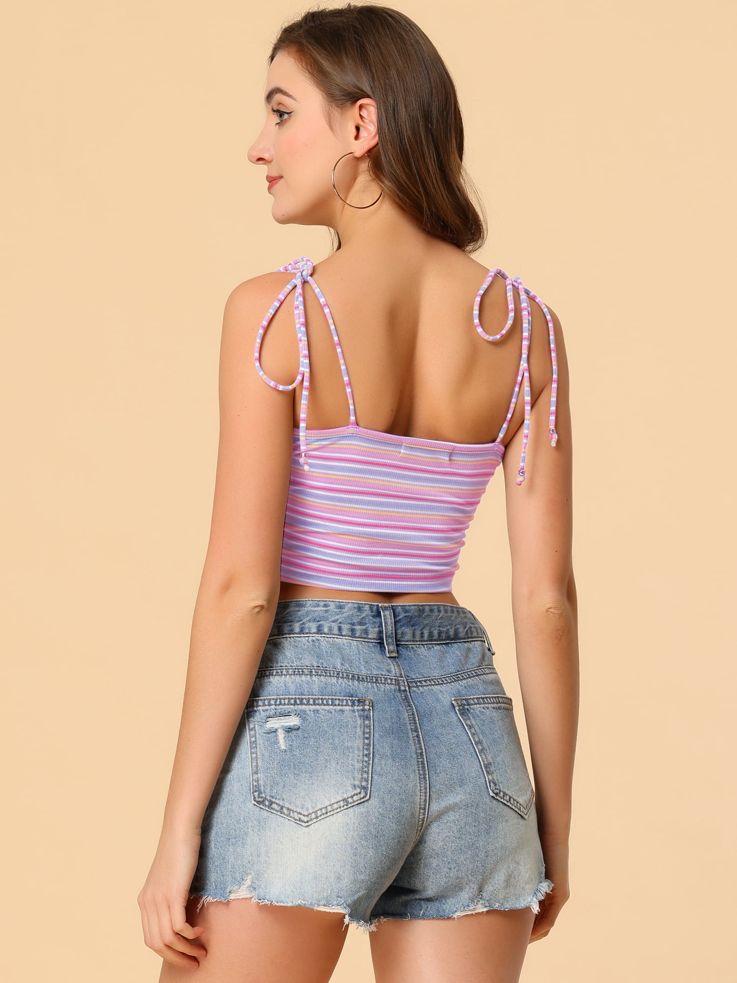 DARING DIVA Women's Rainbow Striped Tie Crop Top M Multicolor Lavender