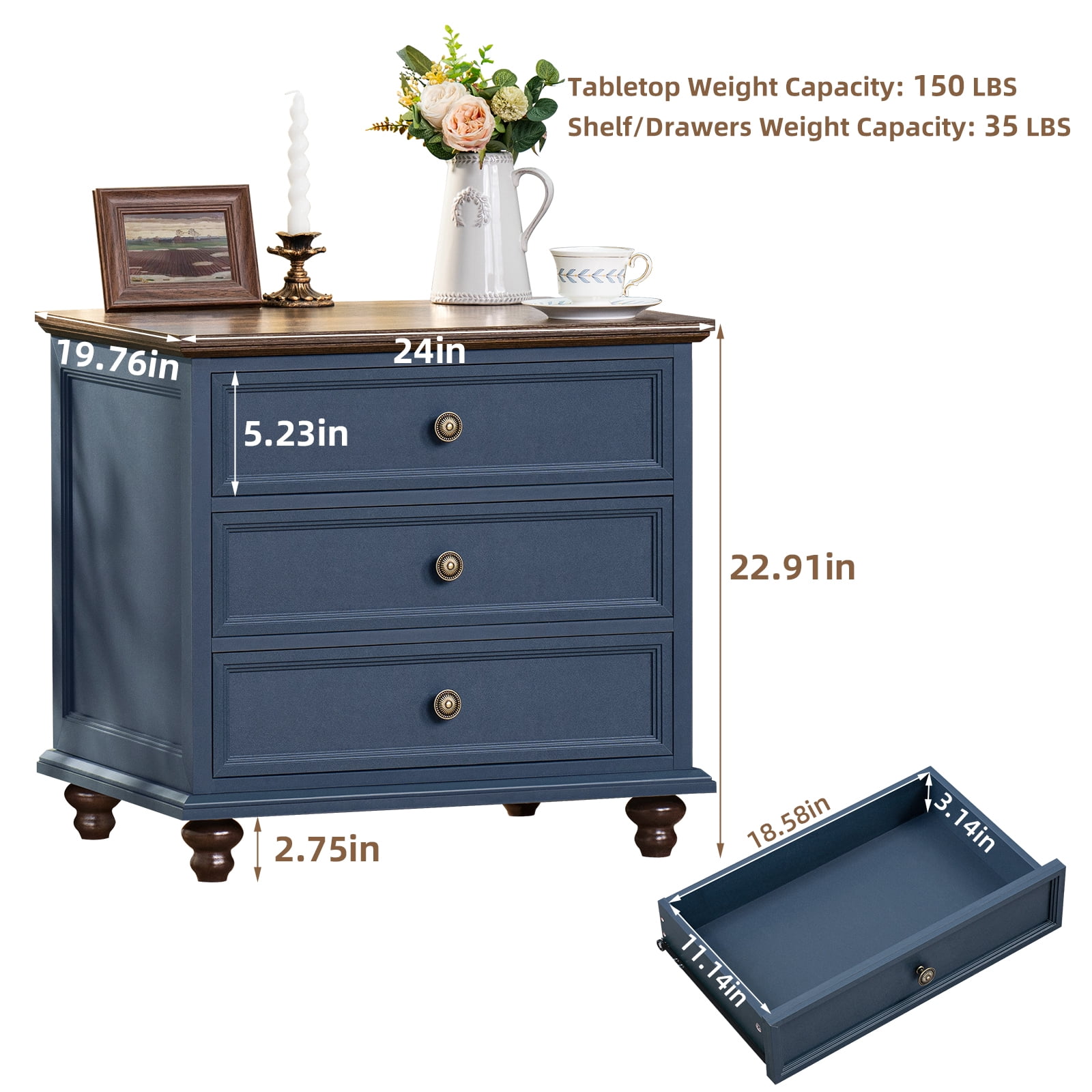 LELELINKY Wood 3 Drawer Nightstand, Large Beside Table Farmhouse Side Table for Bedroom Living Room, Closet (Dark Blue)