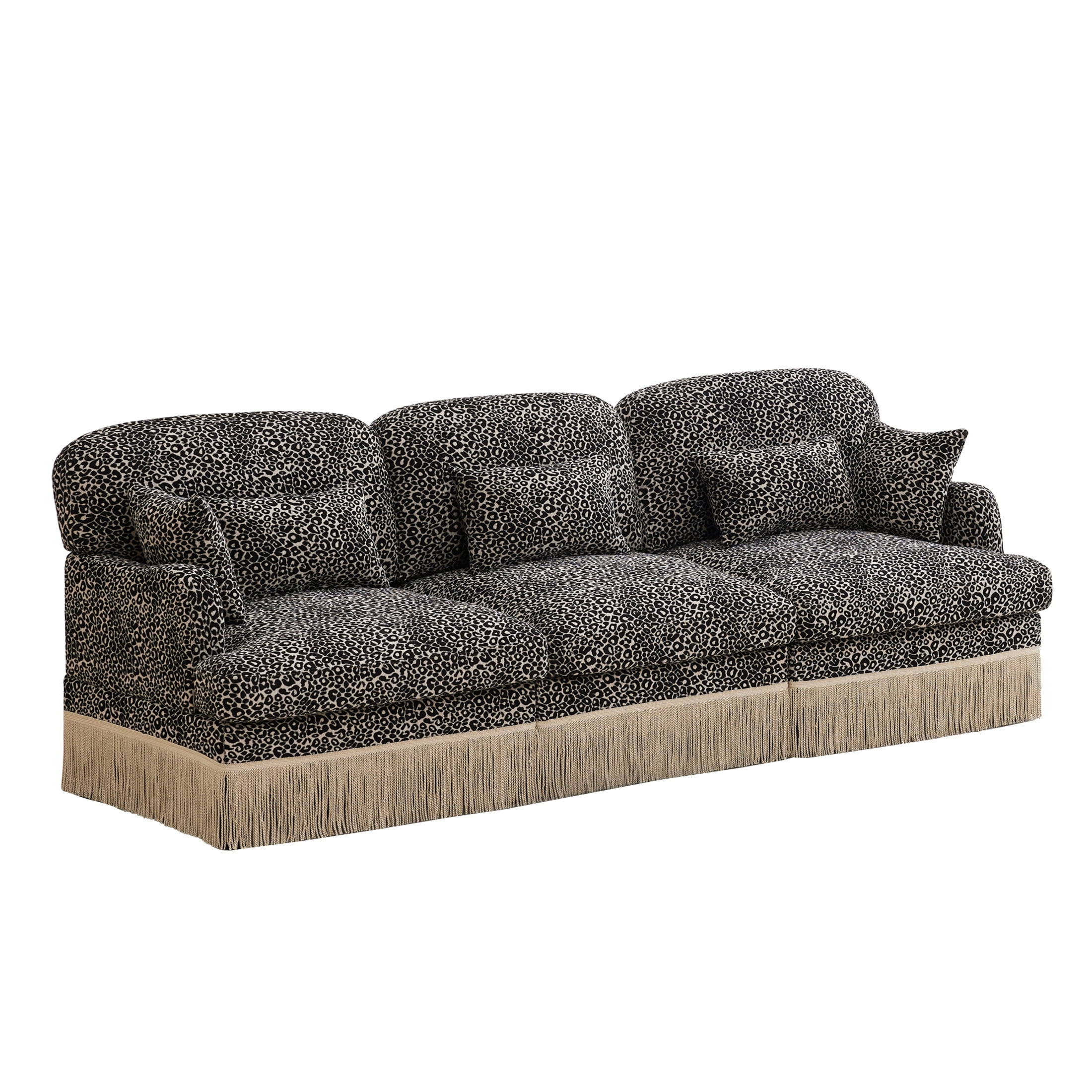 Noble House Carola Leopard Print Chenille 3-Seater Sofa, Modular Sectional Couch with Tassel Trim, Khaki