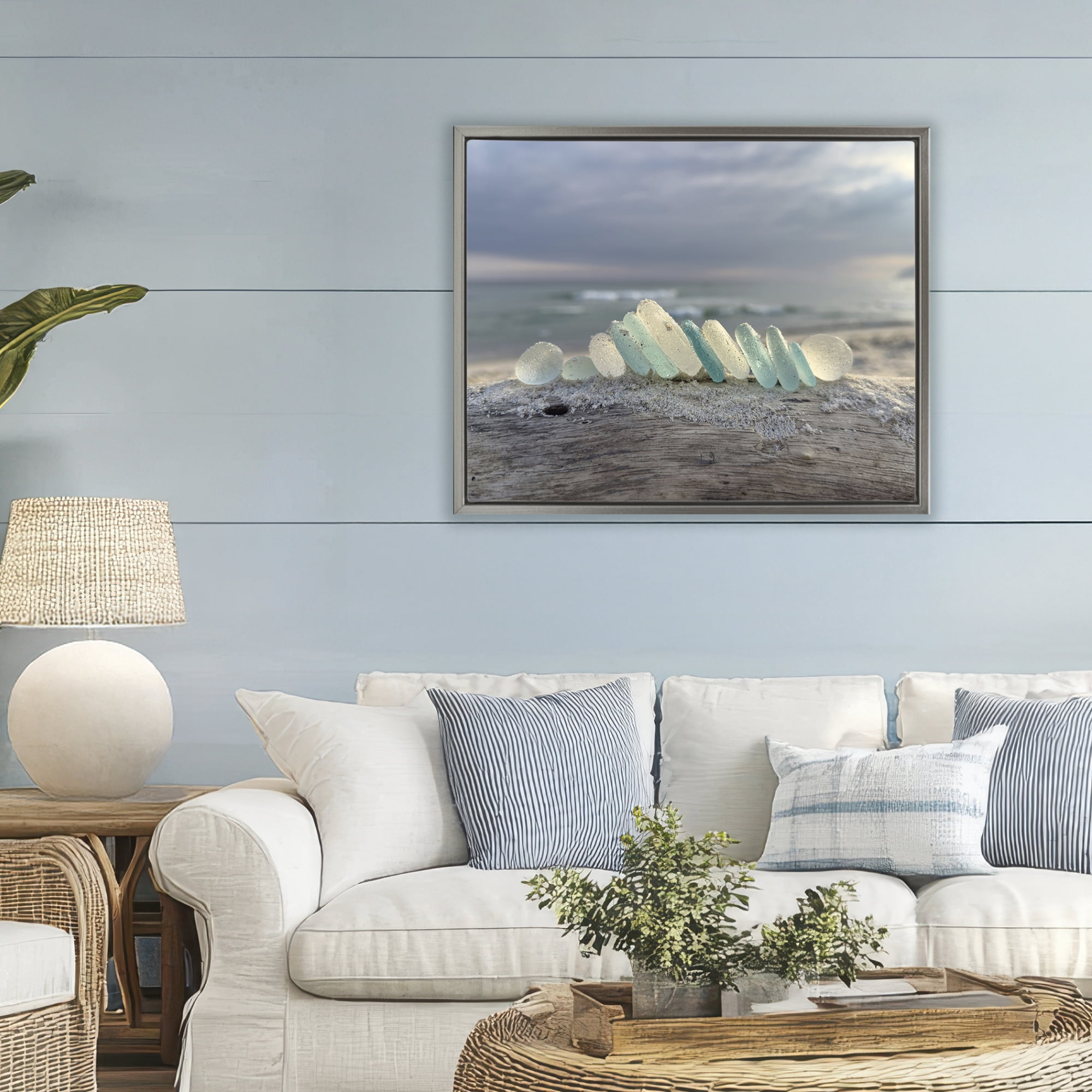 Stupell Industries Sea Glass On Driftwood Gray Framed Floater Canvas Wall Art, design by LMarie Allen