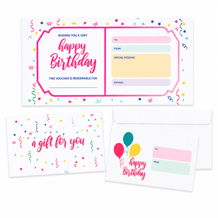 Birthday Gift Certificates for Business with Envelopes, Blank Celebration Voucher Coupons for Salon, Spa, Restaurant, Employees, Coworkers, Friends – Set of 25