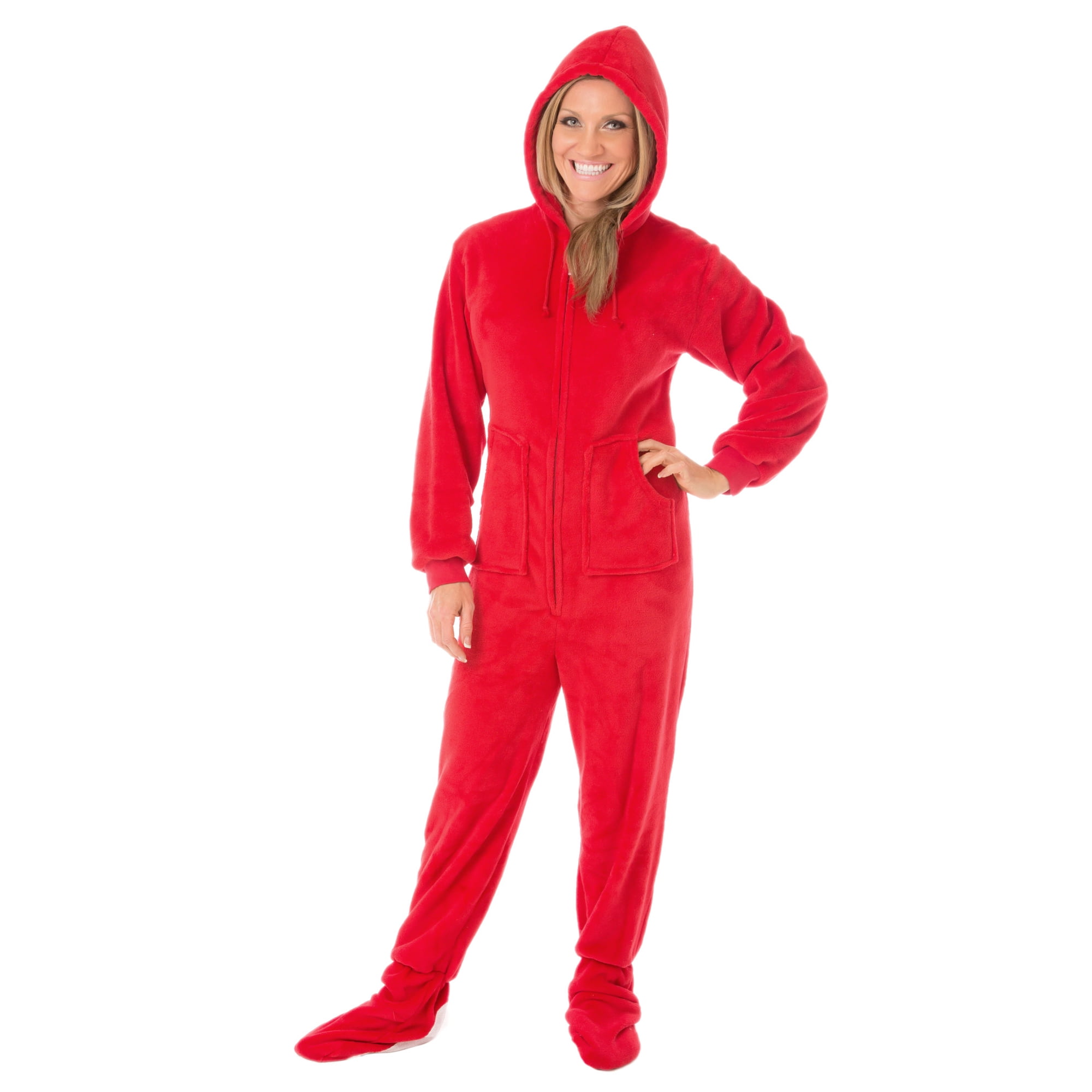 Big Feet Pjs Red Plush Onesie Adult Footed Pajamas with Hood