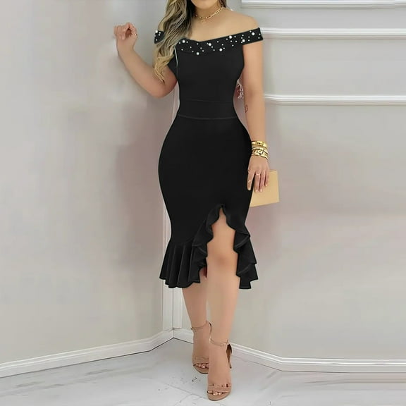 Wowcloth Womens Elegant Evening Dress Sexy Split Decoration Irregular Ruffle Hem Dresses Party Prom Wedding Guest Dress