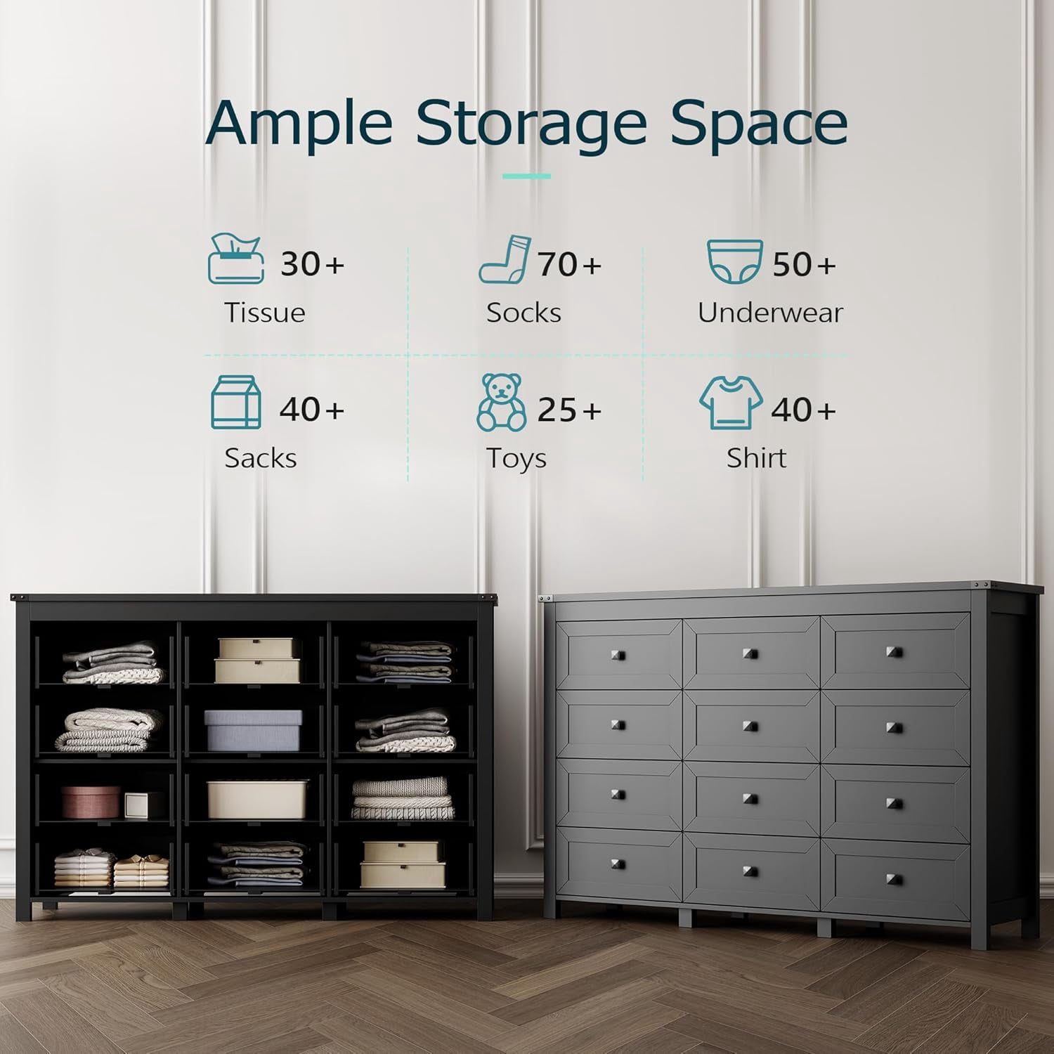 FANRAL Dresser for Bedroom with 12 Drawers,Wood Metal Handle Closet Storage Cabinet,Wide TV Stand Chests of Drawers,Black Dresser