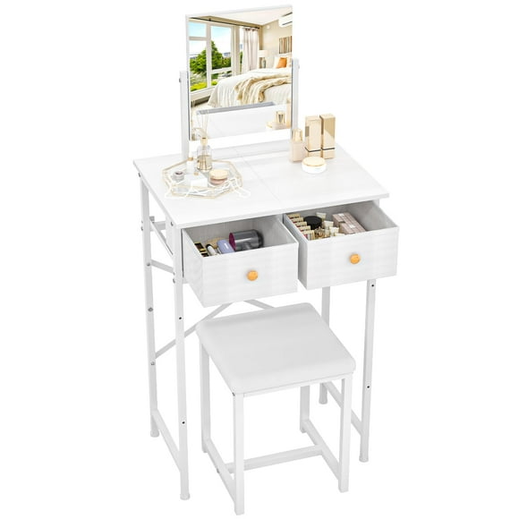 Escritorio de maquillaje en forma de X con espejo y silla, color blanco