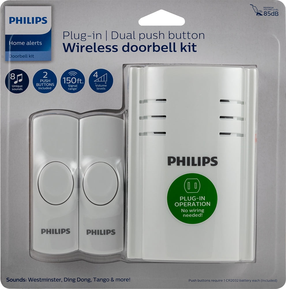 Philips Plug-in 8-Melody Doorbell Kit, 7.3in, White, 2-Push Buttons, DES2280W/27