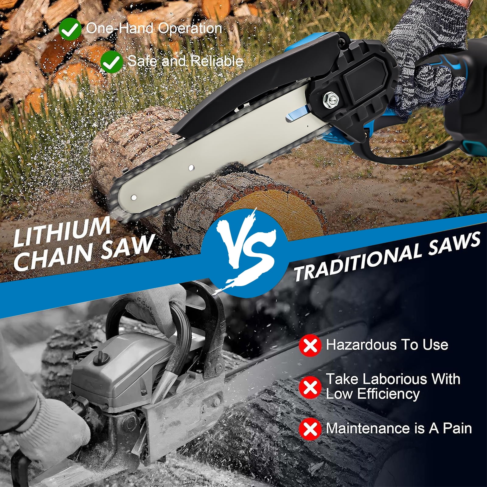 LOVFEN  Mini Chainsaw Cordless 6 inch with 2 Battery, Mini Power Chain Saw with Security Lock, Electric Chainsaw, Handheld Small Chainsaw for Tree Trimming Wood Cutting, Orange
