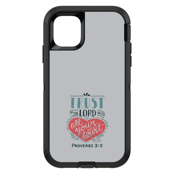 DistinctInk OtterBox Defender Custom Case for Apple iPhone 15 (6.1" Screen) - Trust In The Lord All Your Heart - Raised Bezel Screen Guard
