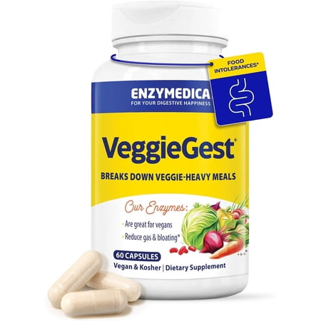 Enzymedica VeggieGest, Digestive Enzymes, Supports Occasional Gas & Bloating Relief from High Fiber, Vegan & Vegetarian Diets, 60 Capsules