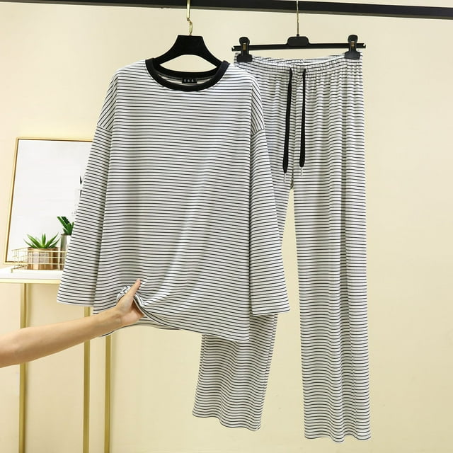 Cameland Ensemble de Pyjama Mode Femme Rayé Col Rond Manches Longues Pantalon Long Vêtements Décontractés Chauds pour la Maison