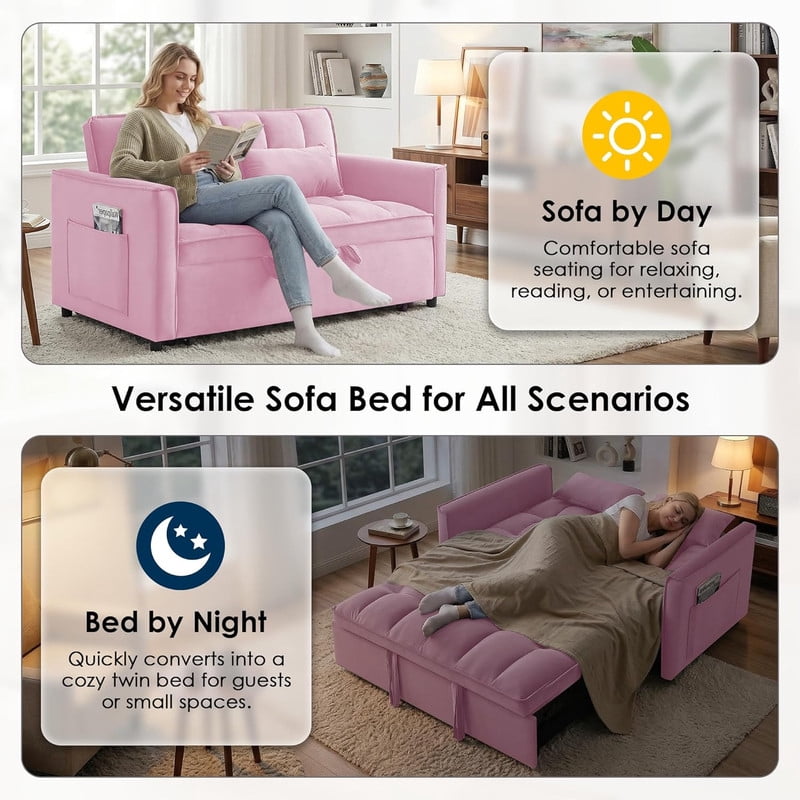 3 in 1 Convertible Sleeper Sofa Bed, 55" Modern Loveseat Pull Out Couch with Adjustable Reclining Backrest & Side Pockets, Velvet Loveseat for Living Room