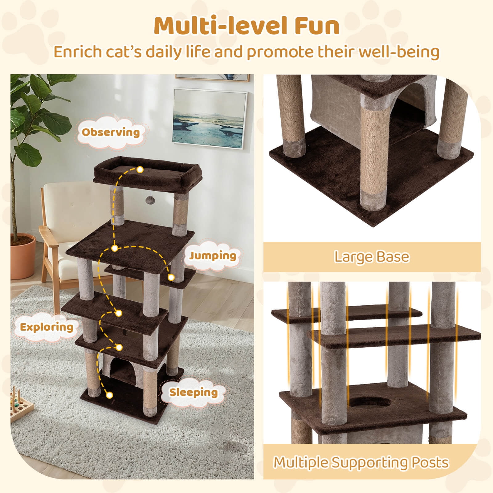 Costway Large Multi-level Cat Tree 58" Tall Cat Tower with Swaying Aerial Condo Perch Bed Brown