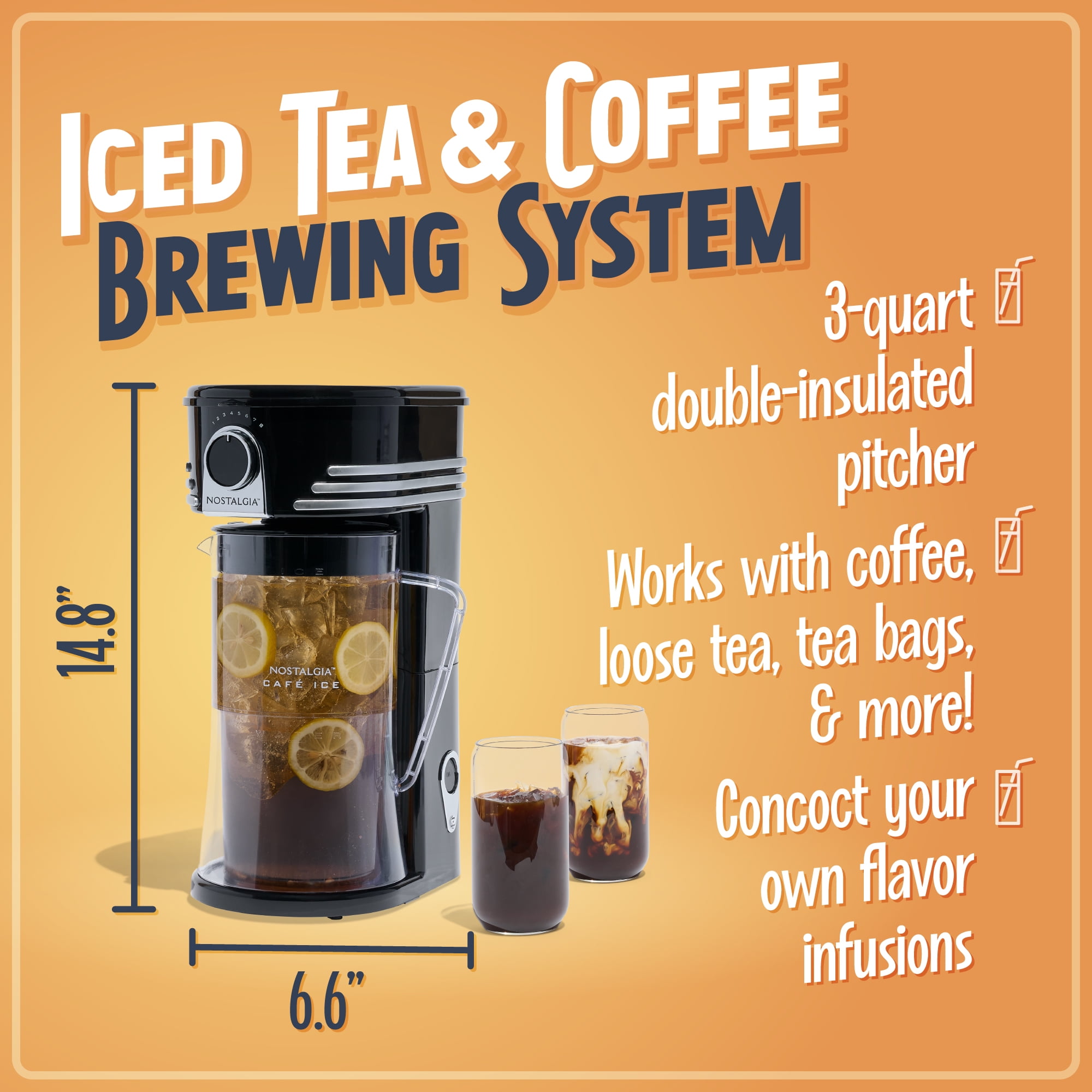 HomeCraft Electric Iced Tea Maker, 3 qt Cold Brew Coffee and Tea Brewer with Plastic Pitcher, Black