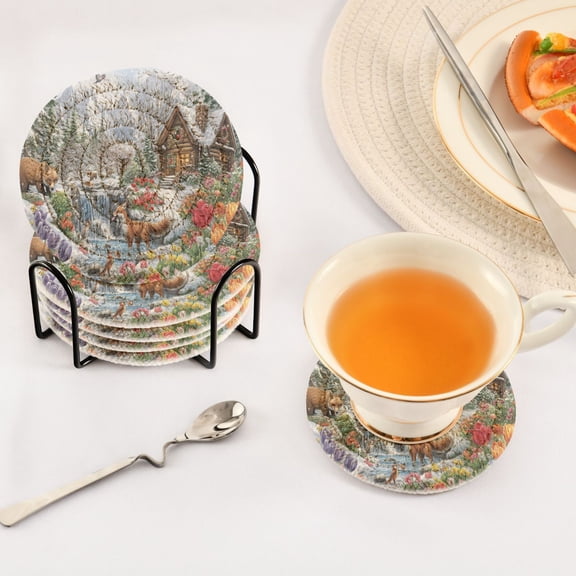 BZSMCE 6Pcs Drink Coasters With Holder 3.94Inch Winter Scene with Animals Flowers Creative Coil Coaster Coasters Colors Absorbent Coasters for Drinks Coasters Set Thicken Heat for Home Table