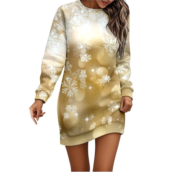 Fiaer Christmas Sweater Dresses for Women Winter Hip Pack Xmas Printed Dress Long Sleeve Round Neck Cozy Dresses 03-Gold XXL