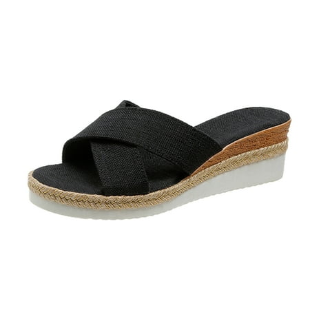 

Cathalem Ladies Fashion Solid Color Cloth Belt Open Toe Casual Slope Heel Sippers Black 39