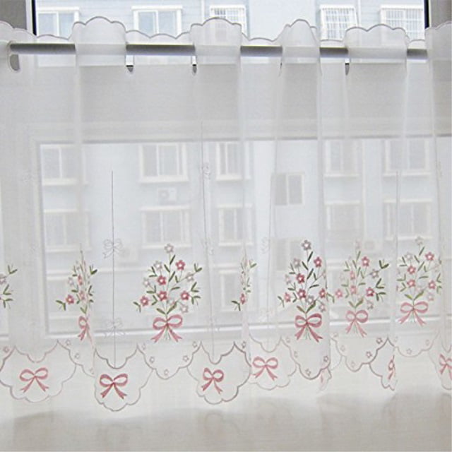 by ZHH Country Style White Polyester Valance Floral Embroidery Sheer Lace Cafe Curtain W 59 Inch x H 18 Inch Patterns of Leaves and Flowers
