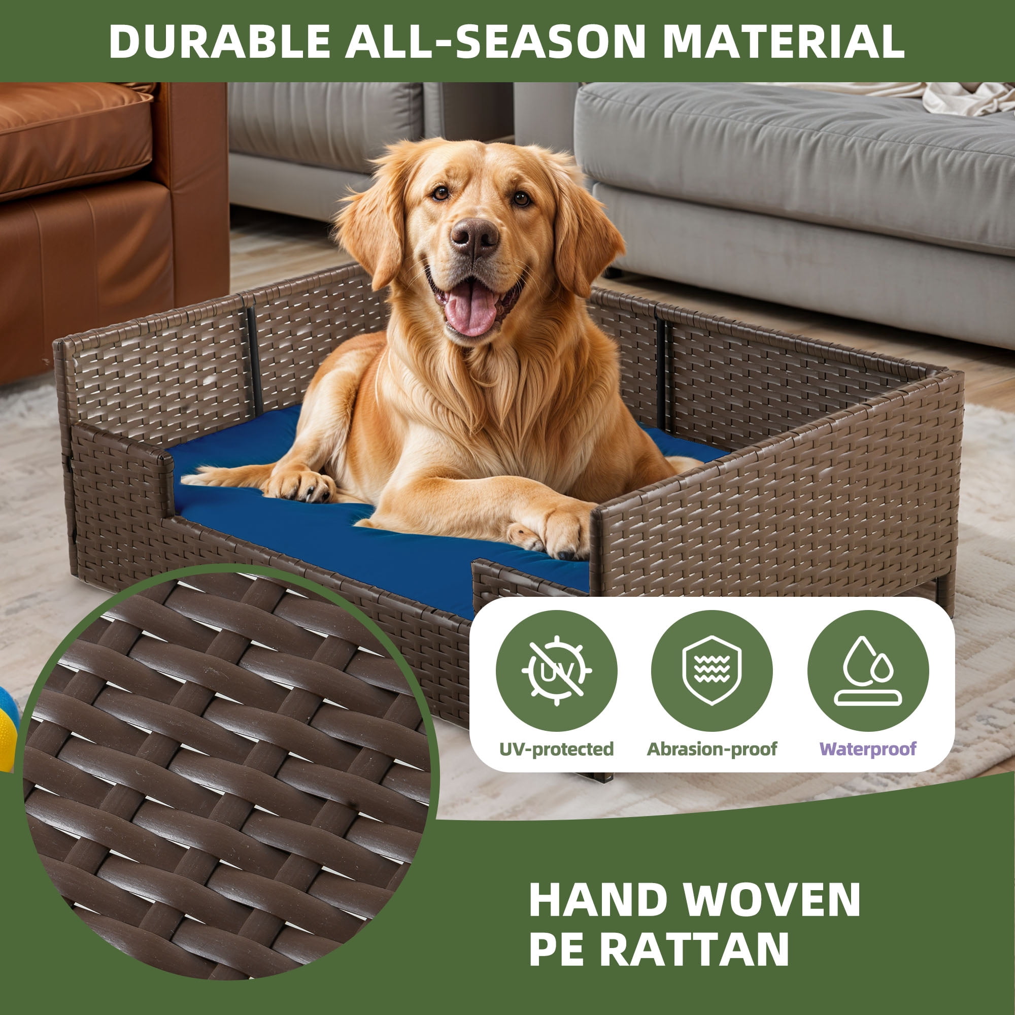 Uforic Rattan Dog Sofa Bed with Blue Cushion,Wicker Pet Bed Sofa Indoor Outdoor,All-weather Protection, Brown&Blue,34.6"L x 23.6"W x 11.8"H