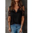 thumbnail image 2 of ABPHQTO Camiseta con hombros descubiertos y empalme de encaje negro para mujer, 2 of 5