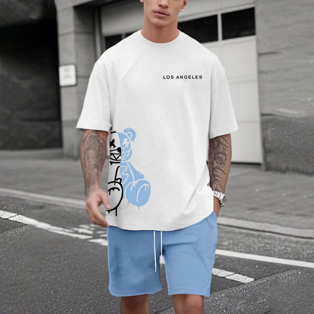 WILLBEST Conjunto de Traje para Hombre con Estampado de Oso para Uso Exterior E Informal. Combinación de Manga Corta y Pantalones Cortos para Verano. Ideal para Relajación y Actividades Físicas.