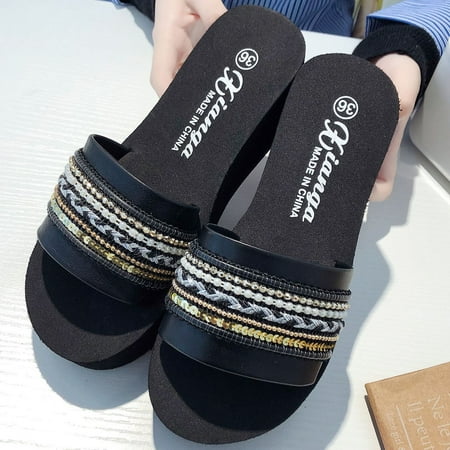 

VKEKIEO Round Toe Cute Slippers High Heel Platform Black