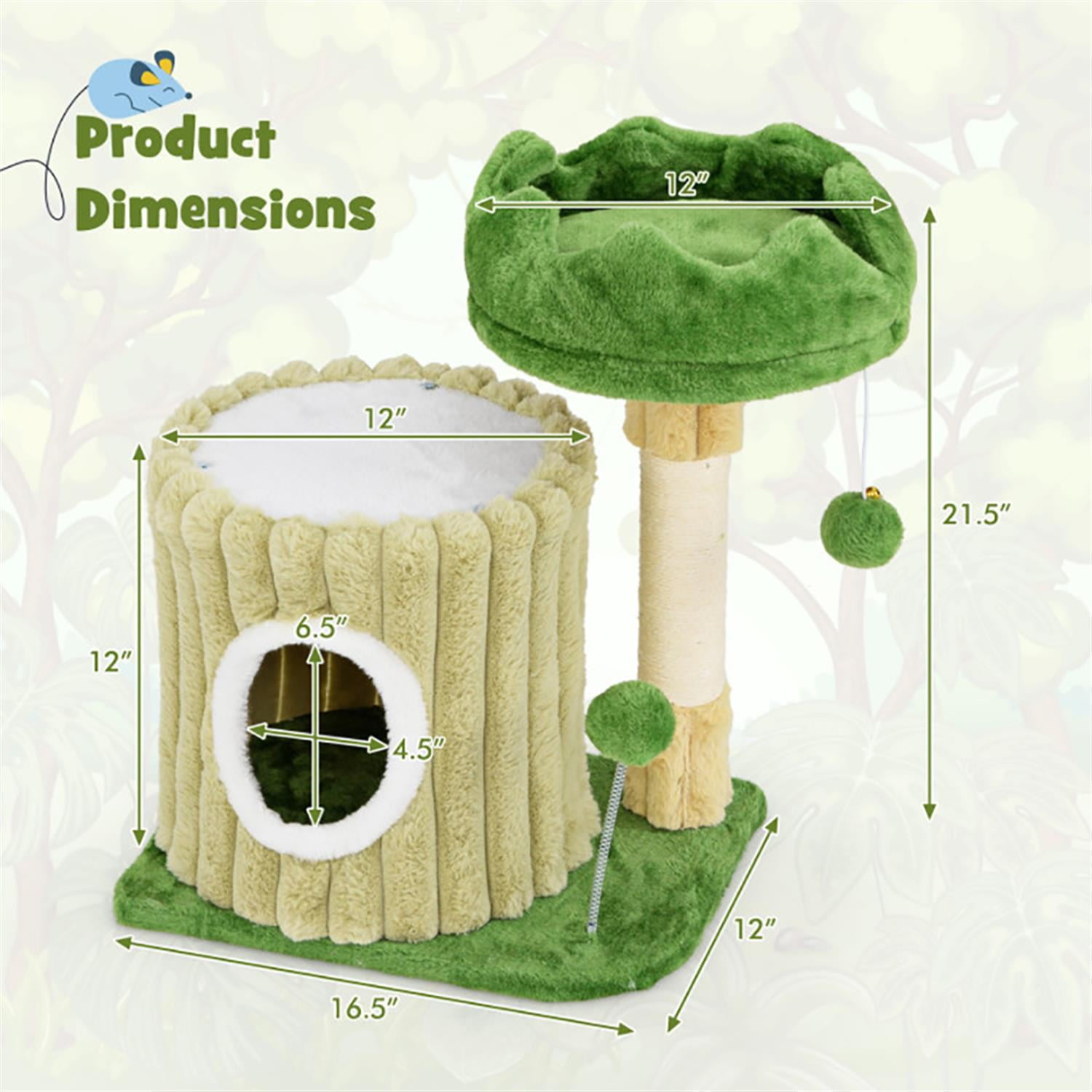 Kadyn 21" Cat Tree with Toy, Cat Tower Condo for Indoor Cats with Condos, Cozy Top Perch and Sisal Scratching Posts, Green
