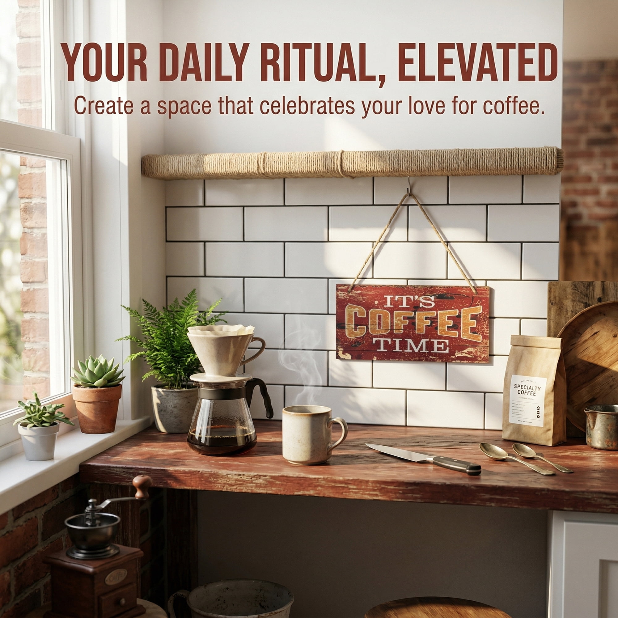 Unique Bargains Coffee Bar Sign Station Decor Rustic Wood Hanging Plaque Style J 3.9in