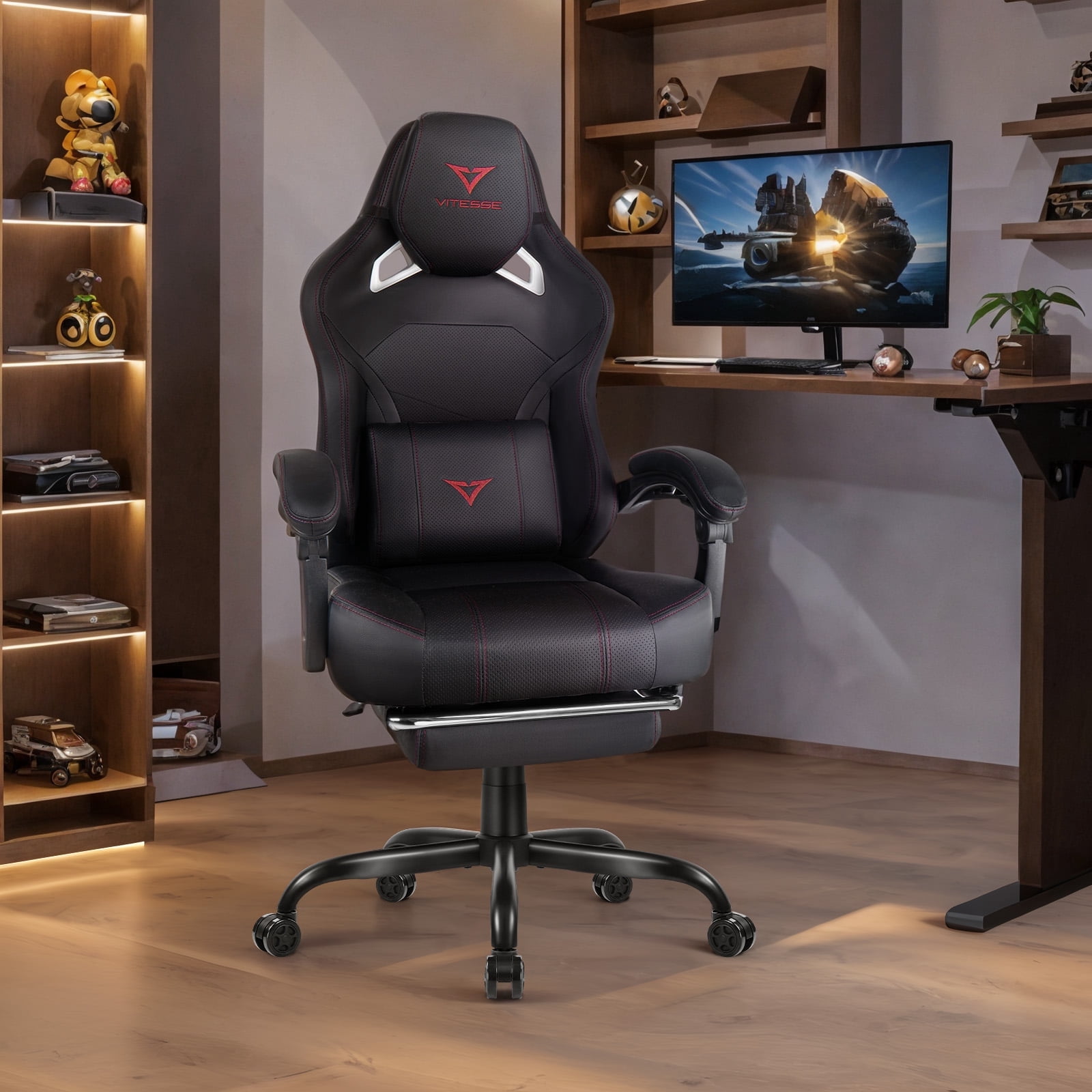 Waleaf Gaming Chair Ergonomic Office Chair with Footrest and Lumbar Support, Height Adjustable High Back Gamer Chair with Headrest for Adult