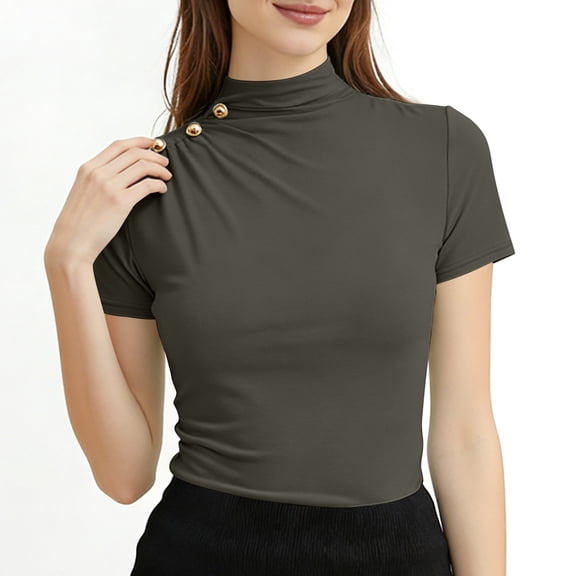 Mock Neck Short Sleeve Blouse for Women Elegant Ruched Side Button Detail Slim Fit Knit Top Casual Business Work Office Stretchy Tee Shirt
