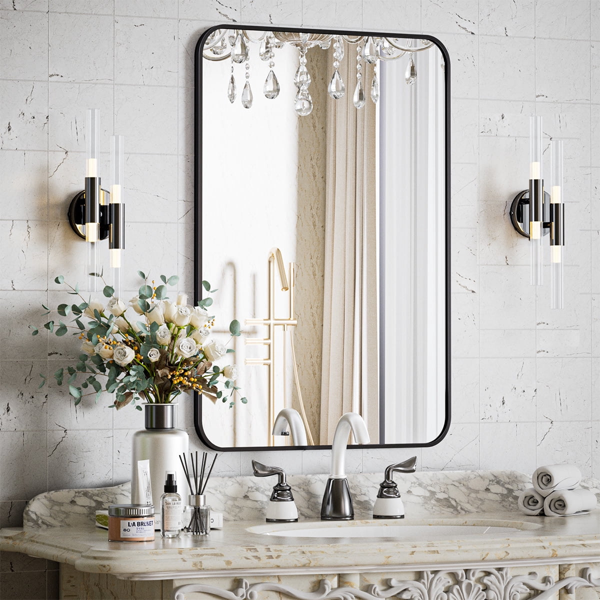 Lumora 28"x20" Rectangular Bathroom Mirror with Round Edge Wall Mounted Wall Mirror, Black