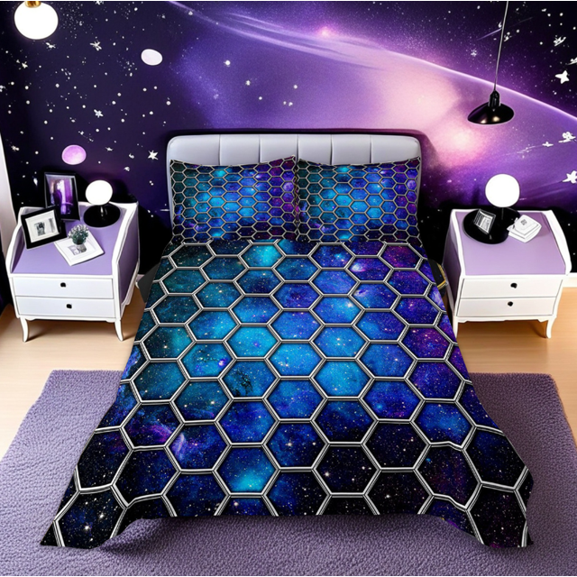 Erosebridal Psychedelic Space Galaxy Coverlet Set Queen, Geometric Honeycomb Bedding Set, Ultra Soft 3 Pieces