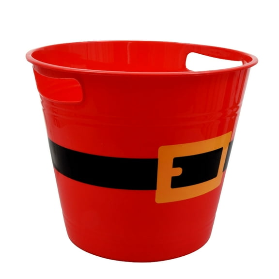 Christmas Plastic Red Buckets with Santa Belt Design 7.95in Multipurpose Pail Container Decorative Home Kitchen Xmas Tree Toys Candy Gift Basket for Holiday Party Supplies
