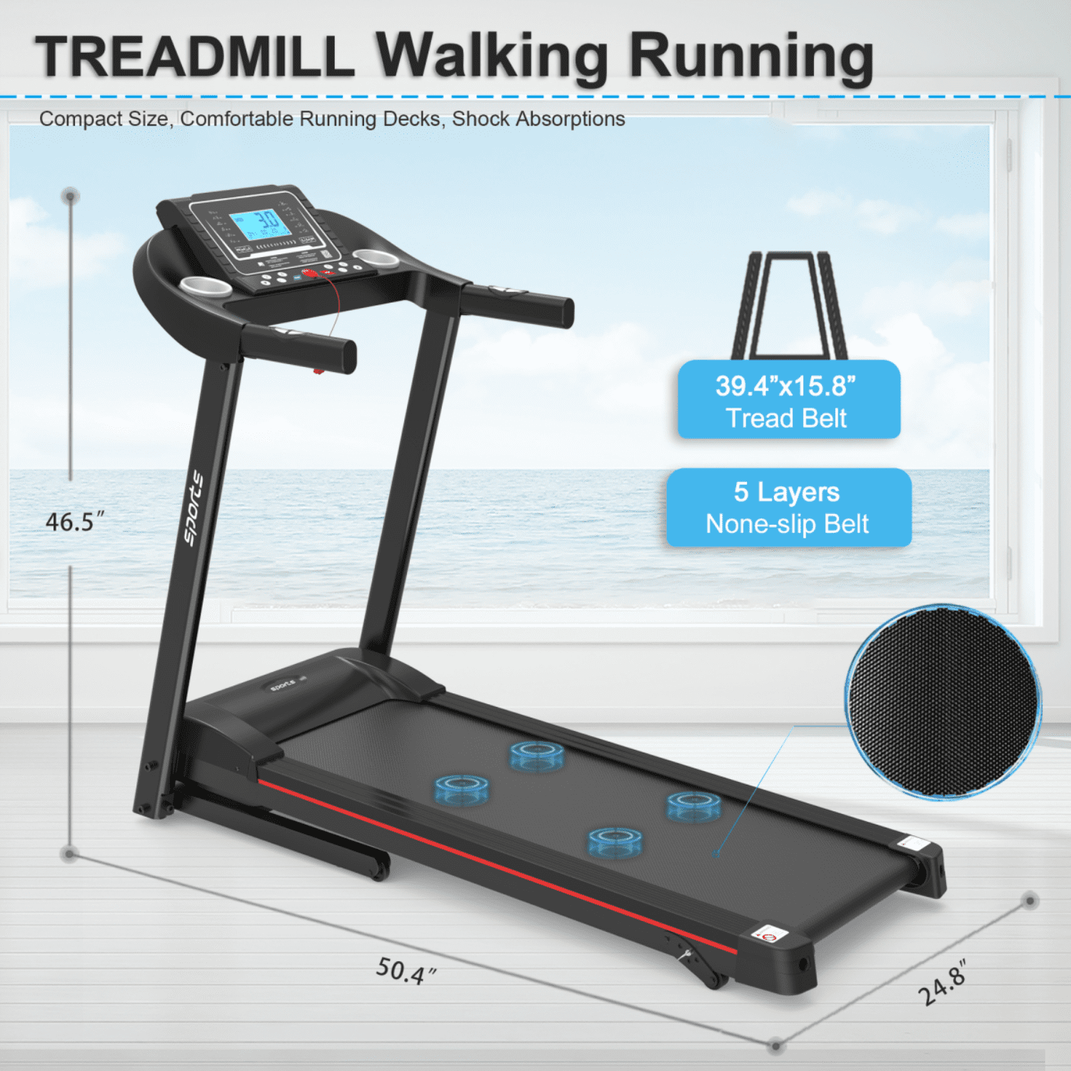 Fitshow App Home Foldable Treadmill with Incline, 250 LB Capacity, Bluetooth Music, 5" LCD Screen, Hydraulic Folding for Easy Storage, 12 Workout Programs