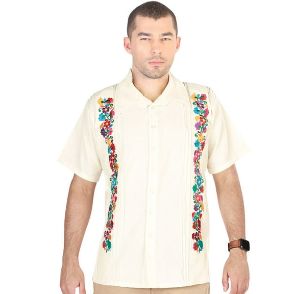 Men's Mexican Embroidered Guayabera Shirt 100% Cotton Beige 603112
