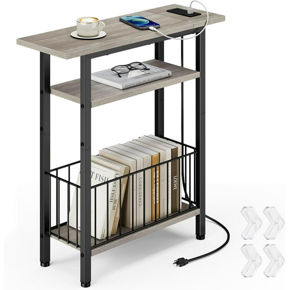Narrow Side Table with Charging Station, Skinny Side End Table for Couch, 3-Tier Small End Tables for Small Spaces, 25.2" Tall Slim Nightstand Bedside Table for Living Room, Bedroom, Greige