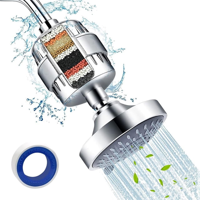 JESWO Cabeza de Ducha Filtrado, 15 Etapas Filtro de Agua para Regadera + Cabezal de Ducha de 4'', 5 Modos Ajustables de Alta Presión de Filtro para Regadera Baño, Eliminar Cloro