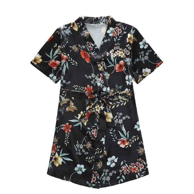 Qudderr Kids Baby Silky Satin Kimono Robe Solid Color Printing Bathrobe for Girls Boys Spring Fall Short Sleeve Night-Robe Toddler Soft Unisex Sleepwear for 1-7 Years