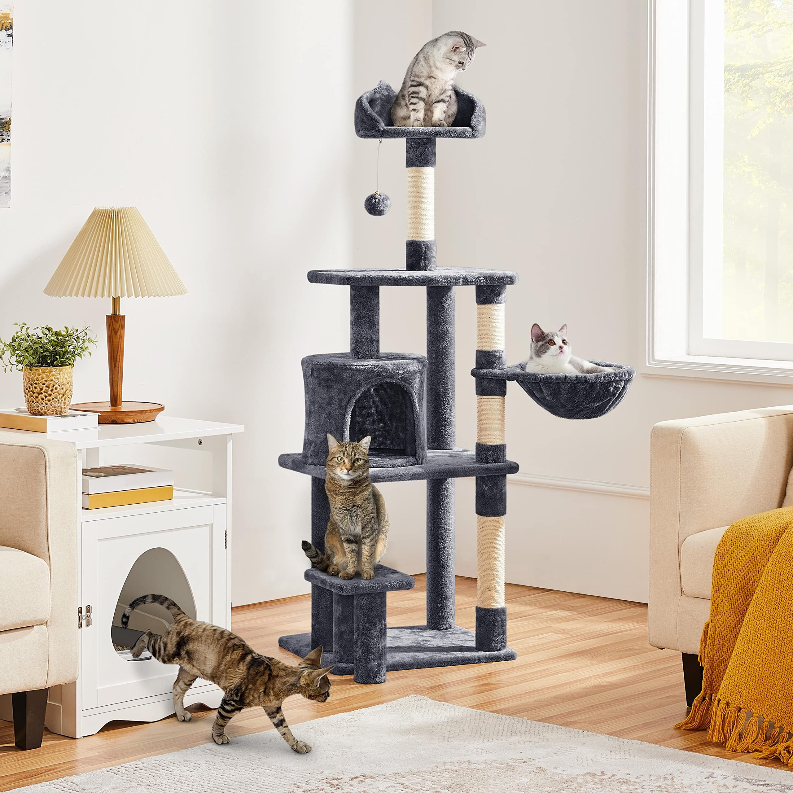 Cat Tree 57in Multi Level Cat Tower with Plush Condo, Scratching Post, Basket, Padded Perch, Extended Platform for Climbing Jumping Play