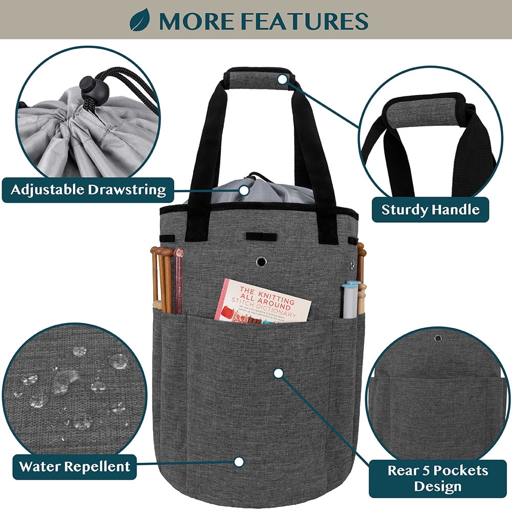 PAVILIA Knitting Bag Crochet Organizer Bag, Yarn Storage Tote, Knitting Accessories Supplies, Yarn Holder For KnittingWith Grommets, Needles Hooks Essentials, Crochet Project Case (Charcoal Gray)