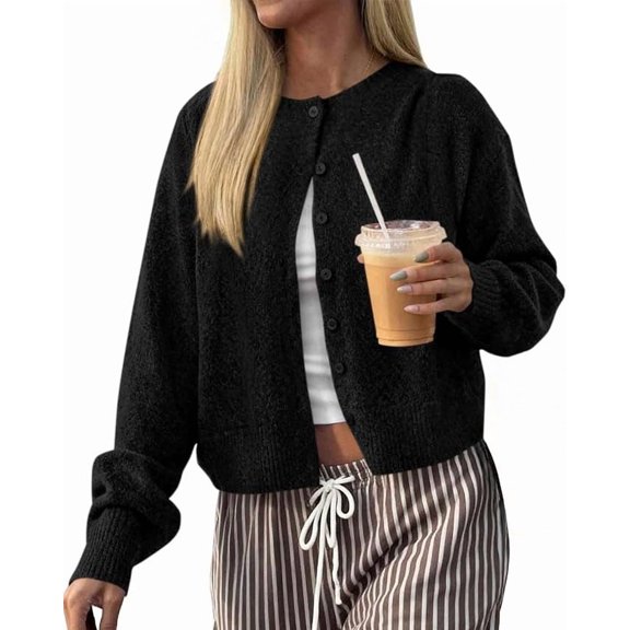 FreshPretty Cardigan Sweaters for Women Fall Long Sleeve Lightweight Knit,Button Front,Crewneck Drop Shoulder Business Casual Outfits,Soft Textured Cropped Sweater,Loose Daily Wear Travel Vacation