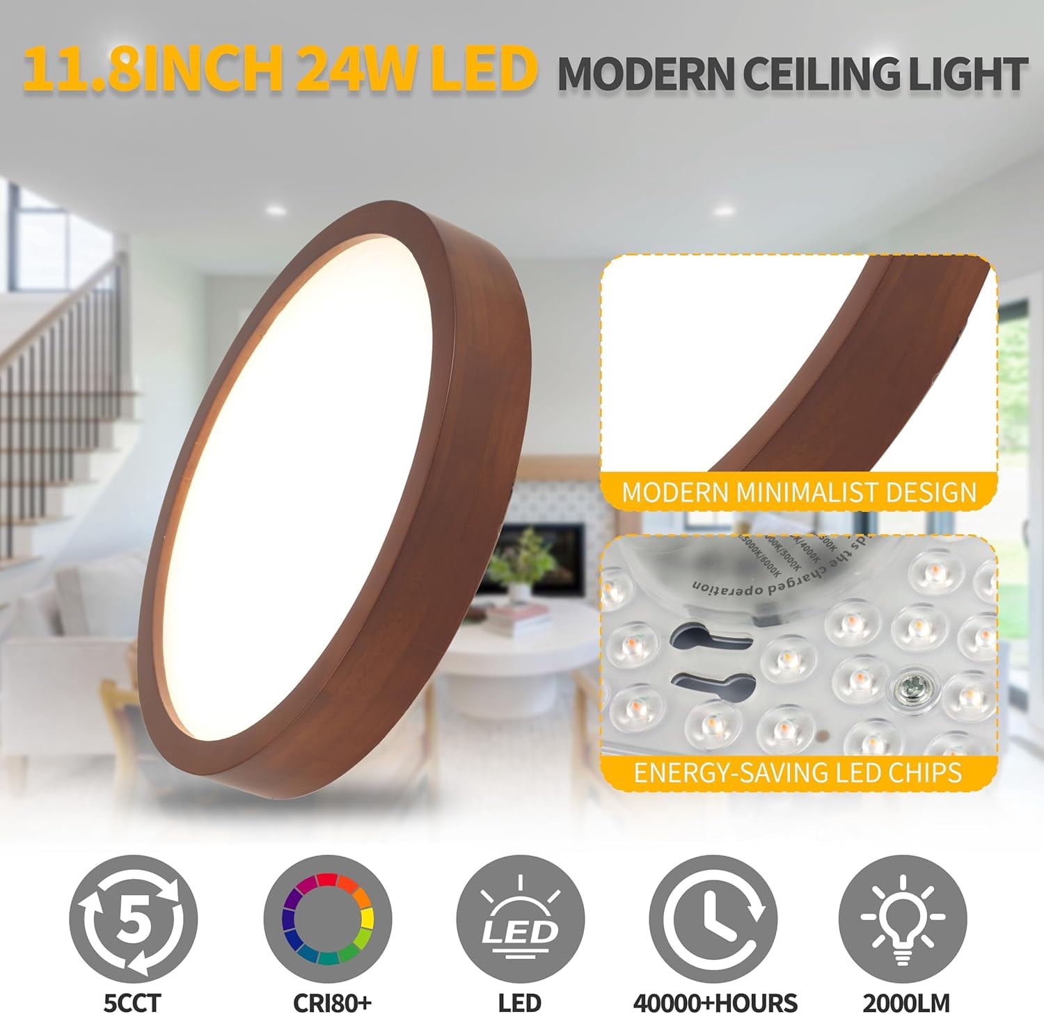 Modern Dimmable LED Ceiling Light with Wood Finish Flush Mount Fixture Adjustable 5CCT for Bedroom Kitchen Living Room Hallway 11.8 Inch
