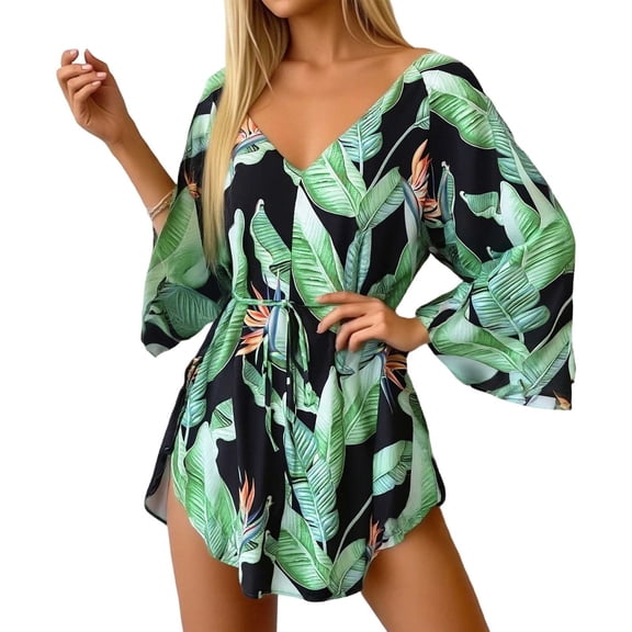 DHFJKG Summer Swimwear Cover-Ups Women Floral Printed Beach Vacation Clothes Batwing Long Sleeve V Neck Tie Waist Stylish Beachwear